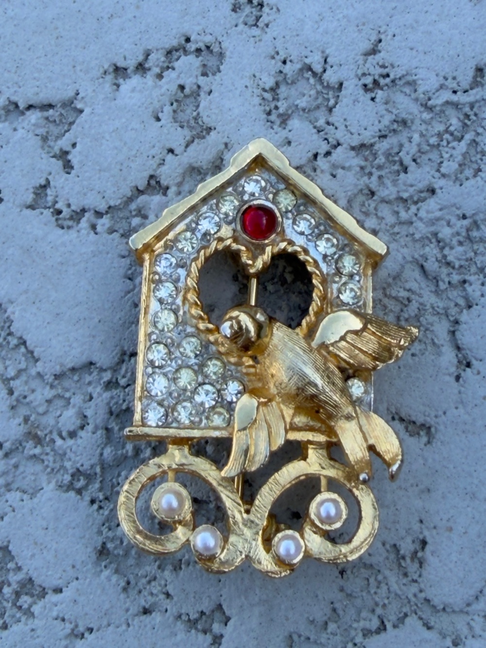 Gold Tone Birdhouse Brooch with Crystals and Pearls